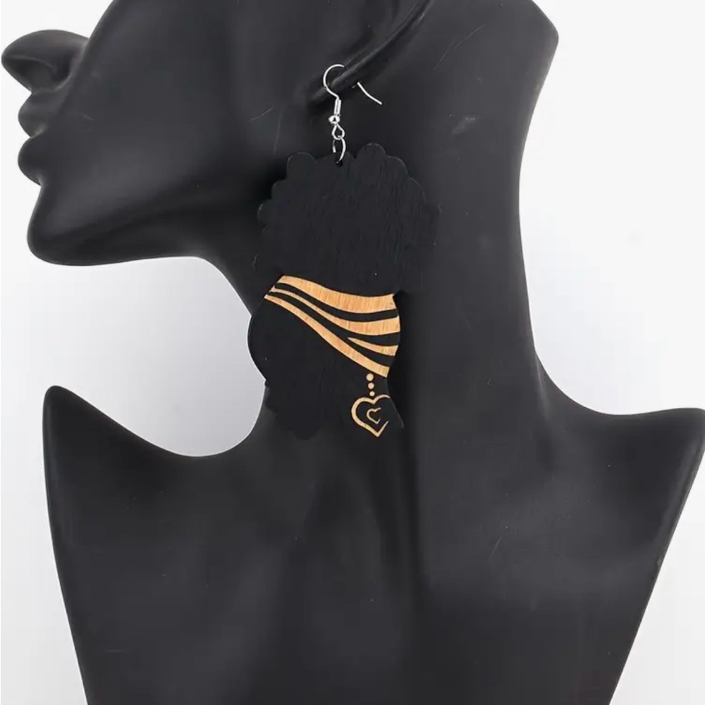 Afro Natural Hair African Inspired Wooden Fishhook Earring Set Lightweight - Picture 3 of 5